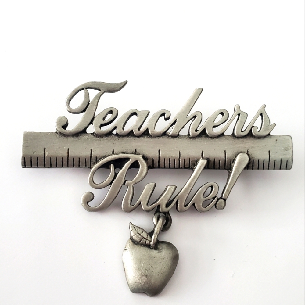 TEACHERS RULE Pewter Brooch Pin by JJ Teacher's Gift Hard Metal Dangling Charm